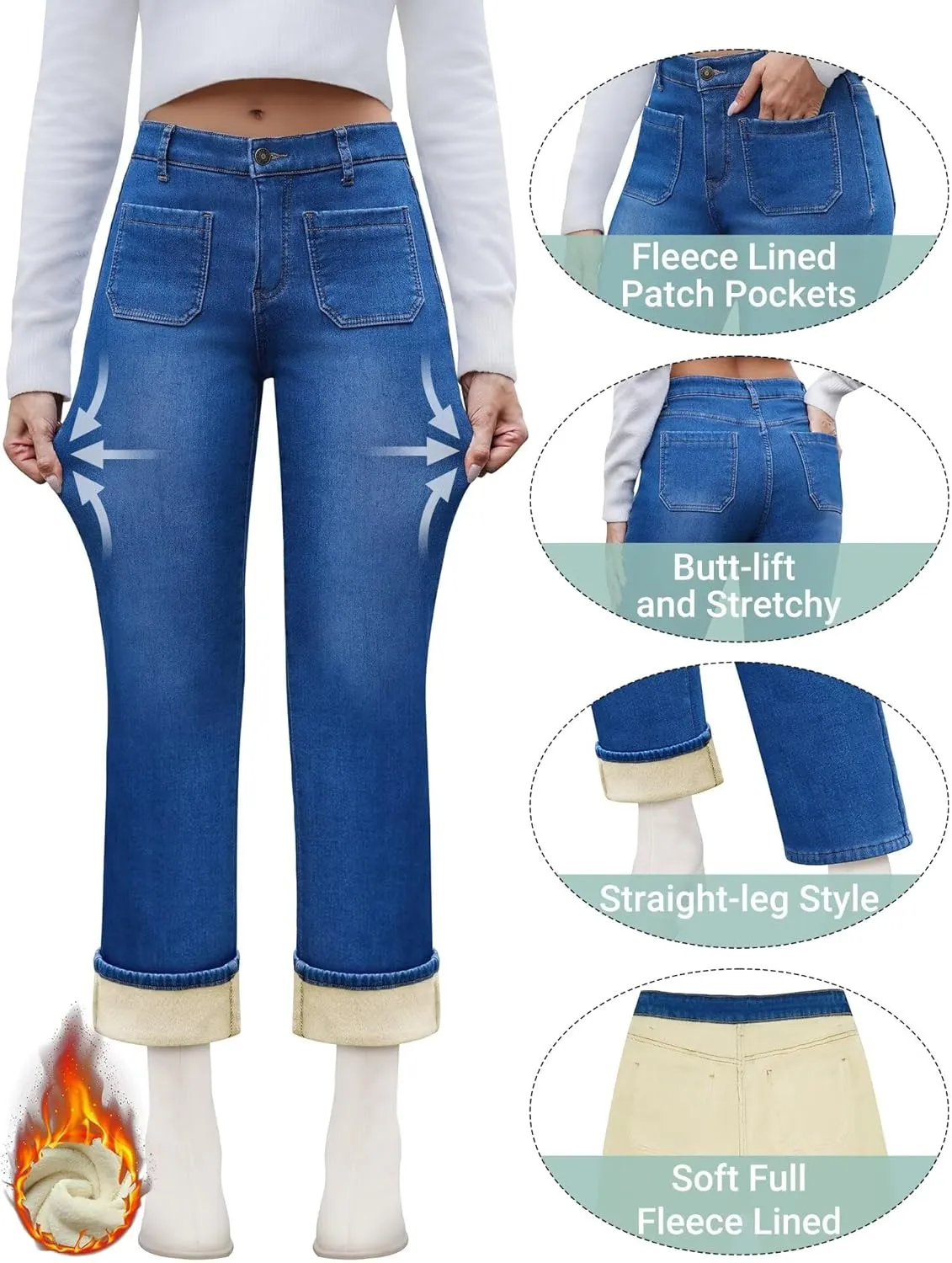 Fleece Lined Jeans Women Straight Leg High Waist Lined Jeans Winter Denim Pants for Women with Patch Pockets
