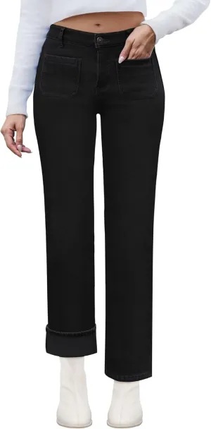 Fleece Lined Jeans Women Straight Leg High Waist Lined Jeans Winter Denim Pants for Women with Patch Pockets