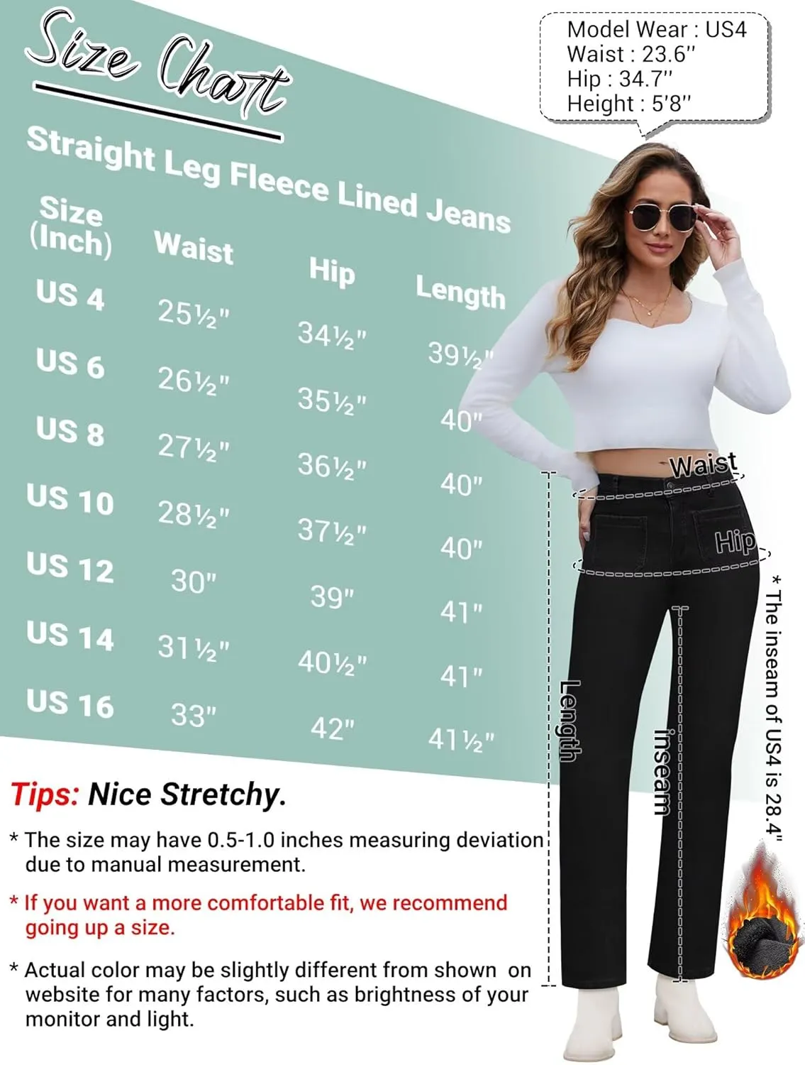 Fleece Lined Jeans Women Straight Leg High Waist Lined Jeans Winter Denim Pants for Women with Patch Pockets