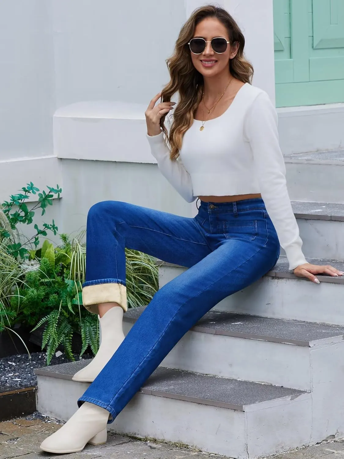 Fleece Lined Jeans Women Straight Leg High Waist Lined Jeans Winter Denim Pants for Women with Patch Pockets
