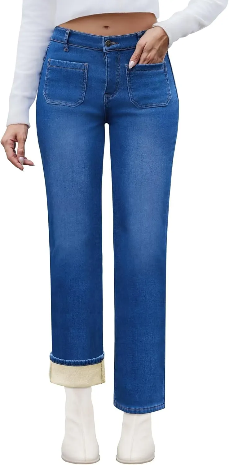 Fleece Lined Jeans Women Straight Leg High Waist Lined Jeans Winter Denim Pants for Women with Patch Pockets