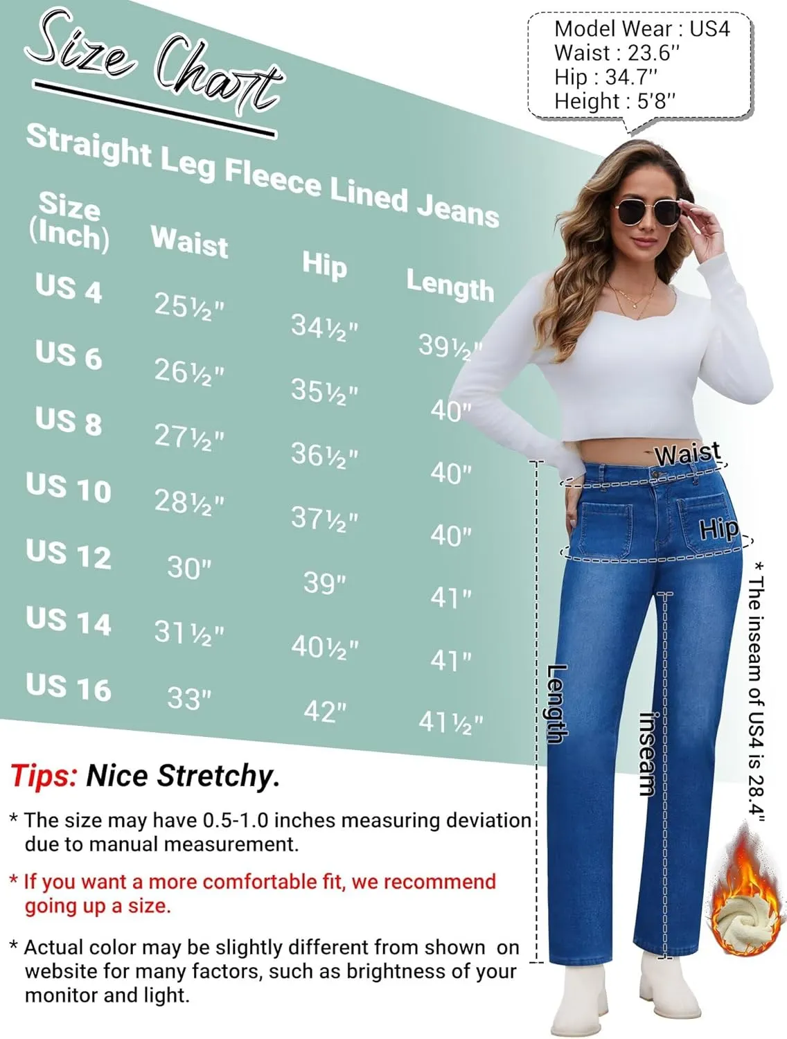 Fleece Lined Jeans Women Straight Leg High Waist Lined Jeans Winter Denim Pants for Women with Patch Pockets