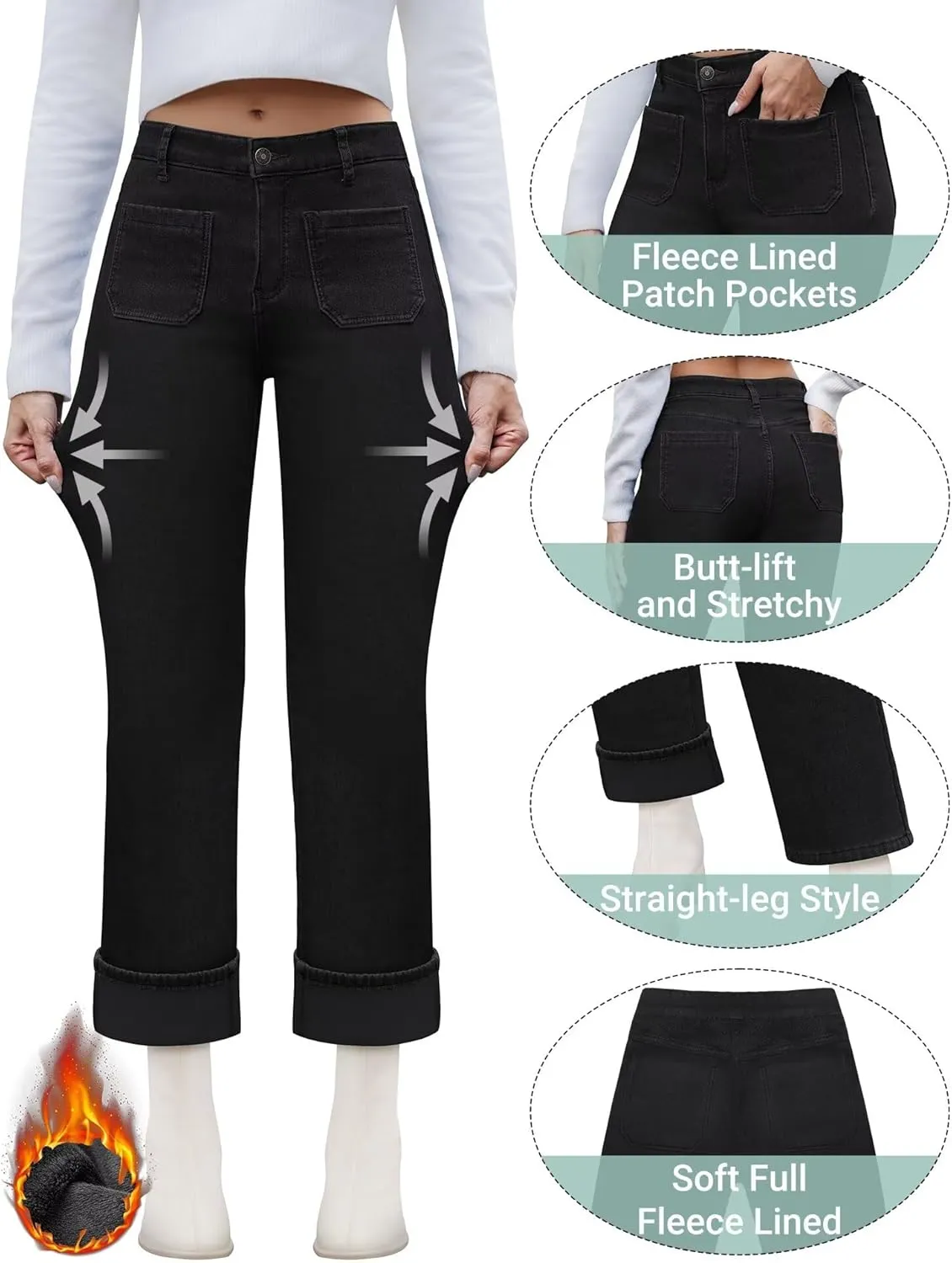 Fleece Lined Jeans Women Straight Leg High Waist Lined Jeans Winter Denim Pants for Women with Patch Pockets