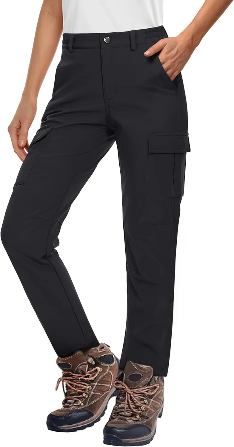 MAGCOMSEN Women's Fleece Lined Winter Hiking Waterproof Insulated Outdoor Snow Ski Softshell Pants for Cold Weather