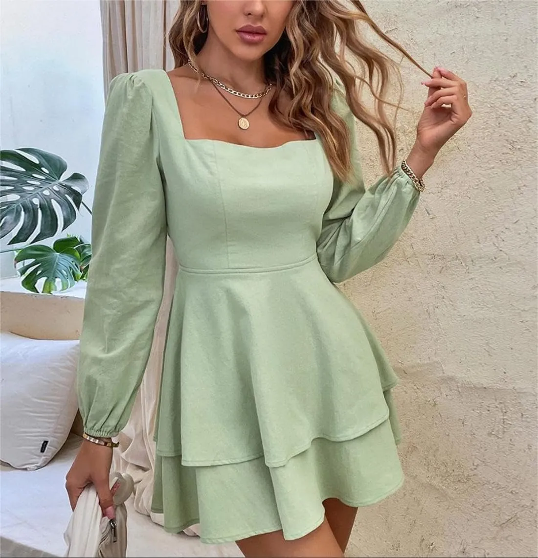 Women's Square Neck Backless Bow Tie Tied Dress Long Sleeved High Waisted Casual Cake Skirt