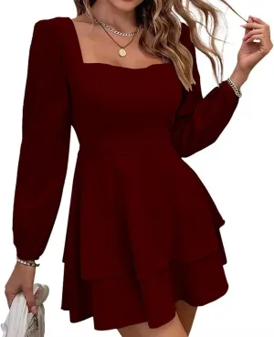 Women's Square Neck Backless Bow Tie Tied Dress Long Sleeved High Waisted Casual Cake Skirt