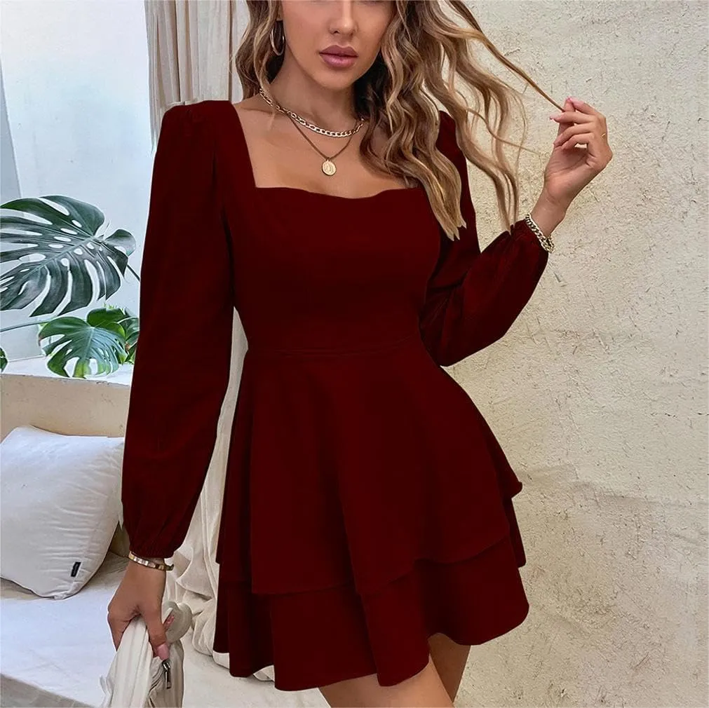 Women's Square Neck Backless Bow Tie Tied Dress Long Sleeved High Waisted Casual Cake Skirt